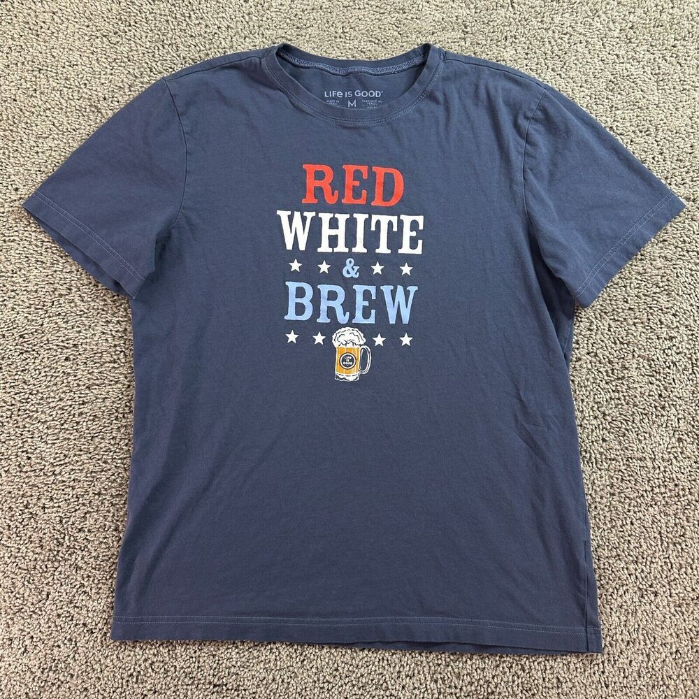 Life Is Good Shirt Mens Medium Blue Red White And Brew Beer Short Sleeve Casual